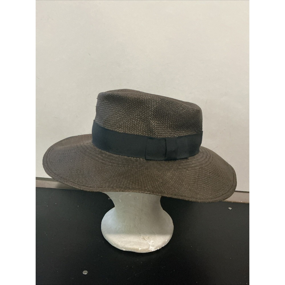 Janessa Leone Small Brown Straw Fedora Hat Black Ribbon Band Bent Crushed
